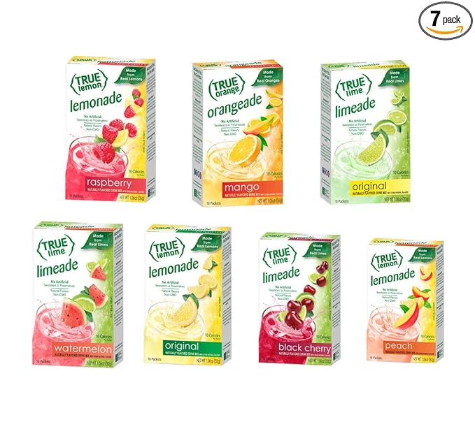 True Lime 7 flavor variety Pack: WATERMELON AQUA FRESCA LIMEADE Original Lemonade Peach Black Cherry Raspberry &amp Mango Orange. True Citrus Assorted Beverage Pack: (7 boxes) Red