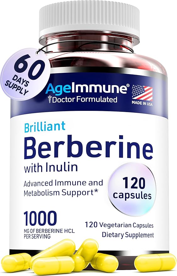 AgeImmune Berberine 1000mg Supplement Complex with Inulin Prebiotic - Berberine HCL 500mg per Capsule - Doctor Formulated and Third Party Tested Berberine Supplement