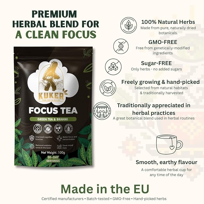 KUKER Focus Tea Loose Leaf 100g – Ashwagandha Brain Boost Herbal Mix with Green Tea Brahmi Ashwagandha &amp Rosemary – Natural Nootropic for Mental Clarity &amp Concentration