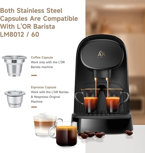 2 Pcs Reusable Stainless Steel Coffee Capsules Compatible with L'OR Barista LM8012 / 60 Refillable Coffee Pods Metal L'or Espresso Pods(Big &amp Small)