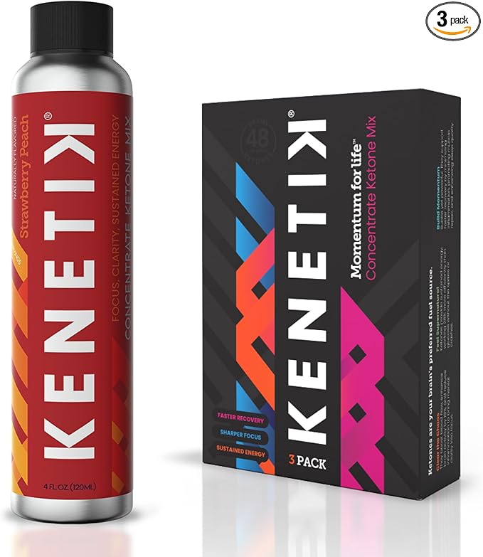 KENETIK Caffeine-Free Focus Concentrate – Brain Fuel for Mental Clarity Cognitive Endurance Sugar-Free Bioidentical Ketones (D-BHB) 4oz (4 Servings) – 3 Pack Strawberry Peach