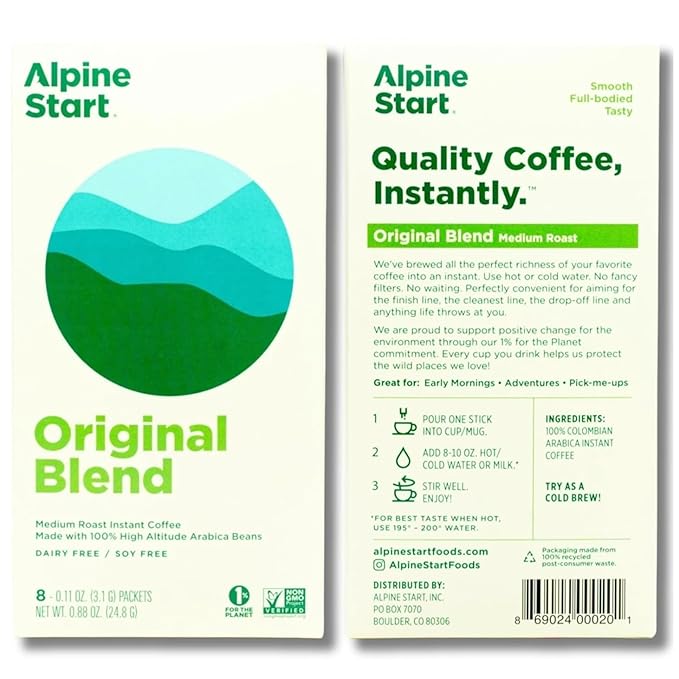Alpine Start Instant Coffee Original Blend Medium Roast - Individual Powder Mix From High Altitude Arabica Coffee Beans - Hot or Cold Brew for Home Travel Camping Hiking Backpacking (Original Blen