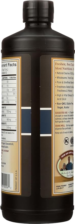 Barlean's Organic Lignan Omega 3 Flaxseed Oil Liquid Supplement for Men and Women Cold Press Flax Seeds 7230mg ALA Fatty Acid Vegan and Gluten Free 32 oz