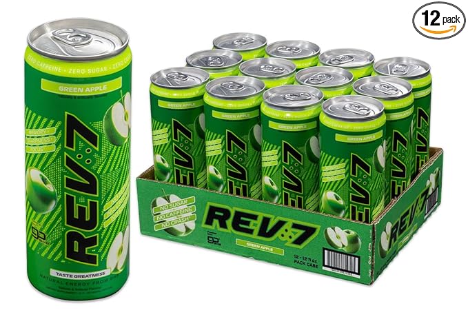 REV7 Energy Drink Caffeine Free Zero Sugar Powered by goBHB Ketones Green Apple - 12ct