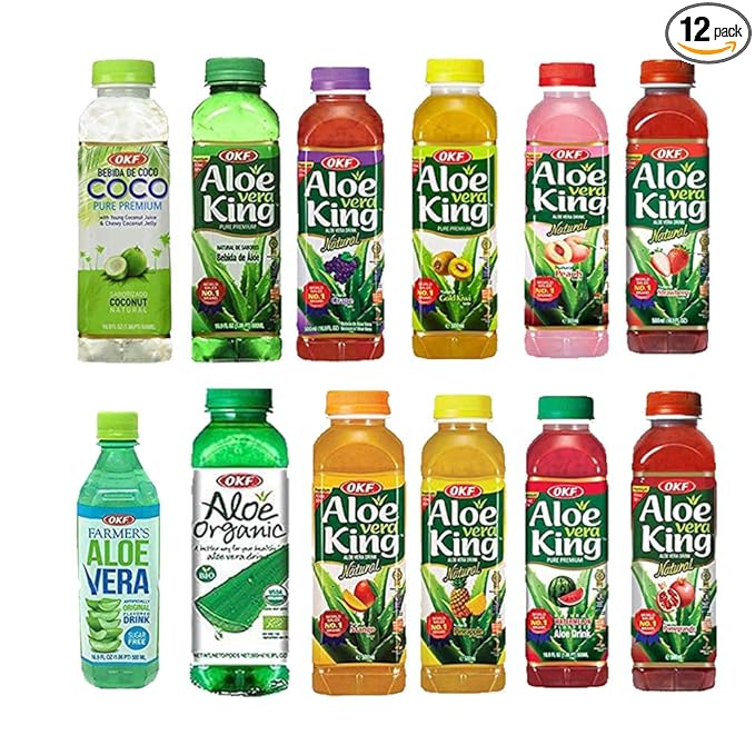 OKF Aloe Vera King Drink – Flavor includes Coco Original Grape Mango Pineapple Watermelon Pomegranate Gold Kiwi Peach Strawberry and Sugar Free Aloe Vera Juice (12 Flavors) (Pack of 12)