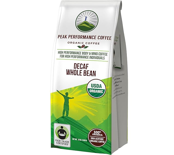 Peak Performance High Altitude Organic Decaf Coffee - Fair Trade Low Acid Non GMO Beans Full of Antioxidants - Medium Roast Smooth Tasting USDA Certified Organic Decaffeinated Whole Bean 12 oz