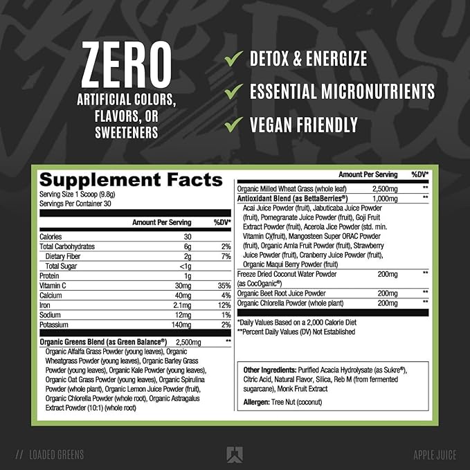 RYSE Loaded Greens Superfood Powder - Apple Juice - Daily Supplement with Greens Balance BettaBerries &amp Sukre Fiber - Supports Digestion Immunity &amp Energy - No Artificial Sweeteners - 30 Ser