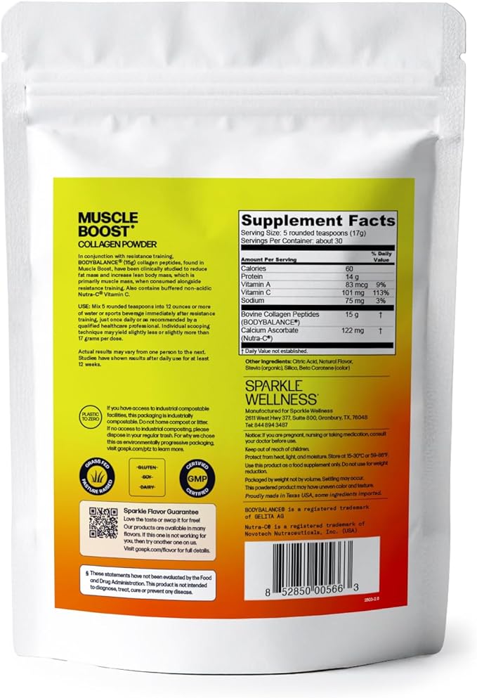 Sparkle Wellness Muscle Boost (Orange) [30-Serves] | Collagen Supplement Powder with Hydrolyzed BODYBALANCE Collagen Peptides &amp Buffered Vitamin C | Improves Body Composition