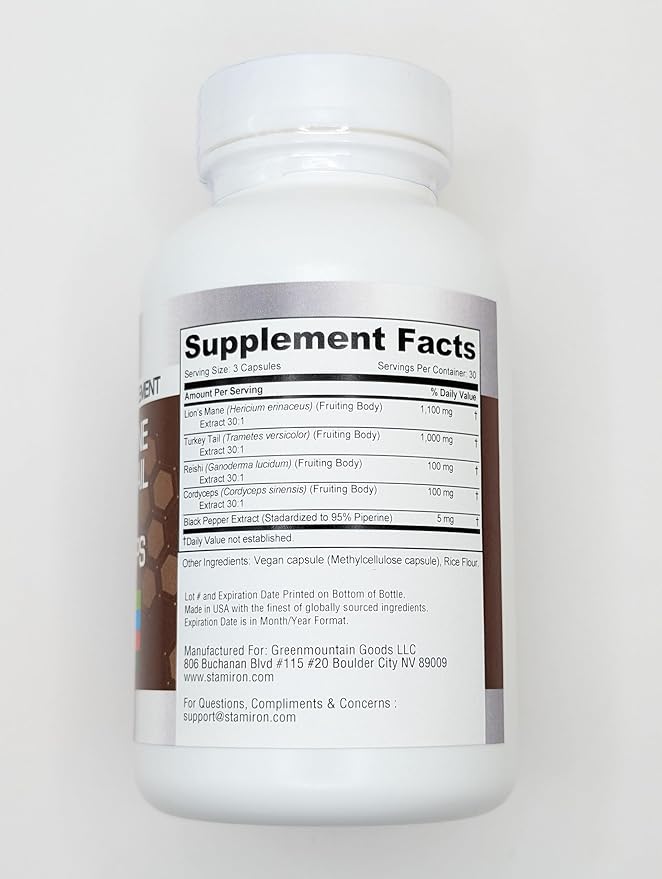 Stamiron Lions Mane Supplement Turkey Tail Mushroom Capsules with Cordyceps Extract &amp Reishi Mushrooms - Alt to Mushroom Gummies Mushroom Powder Mushroom Coffee - 90 Count