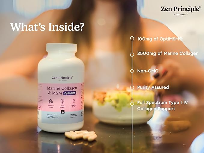 Zen Principle Marine Collagen Peptides Powder with OptiMSM® Supplement. Clinically Tested for Skin Support. Wild-Caught Fish Non-GMO. 210 Capsules.