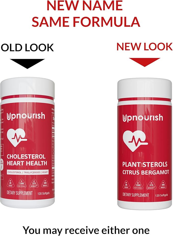 UpNourish Plant Sterols Citrus Bergamot Supplement for High Cholesterol with CoQ10 Omega 3 Olive Leaf Turmeric Curcumin Black Garlic and Niacin - 120 Softgels