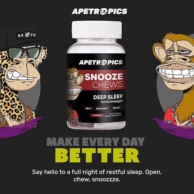 Apetropics Snooze Chews - Deep Sleep Gummy with L-Theanine Chamomile Melatonin Tart Cherry and Magnesium - Cherry Flavor 30 Count - Gluten-Free Vegan Non-GMO and Gelatin-Free