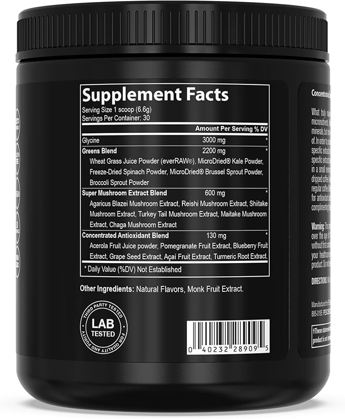PEScience Greens Powder Superfood with Natural Chlorophyll Reishi &amp Turkey Tail Mushroom Powders Freeze-Dried Kale Spinach Broccoli Sprouts with Antioxidants - Original Flavor 30 Servings