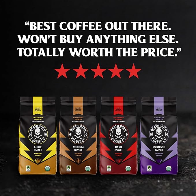 Death Wish Coffee Whole Bean Dark Roast - USA Organic Coffee Beans Bundle/Bulk - Fair Trade Arabica &amp Robusta - 16 Ounce (Pack of 2)