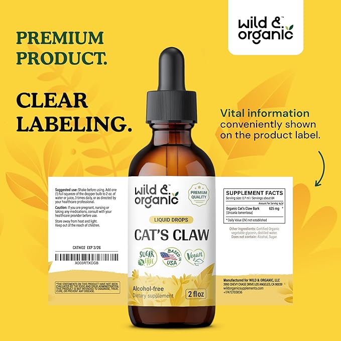 Wild &amp Organic Cats Claw Herb Supplement - Immune Support - Cats Claw Bark Tincture - Add to Tea Liquid Drops - Uncaria Tomentosa Extract - Vegan Sugar &amp Alcohol-Free - 2 fl oz
