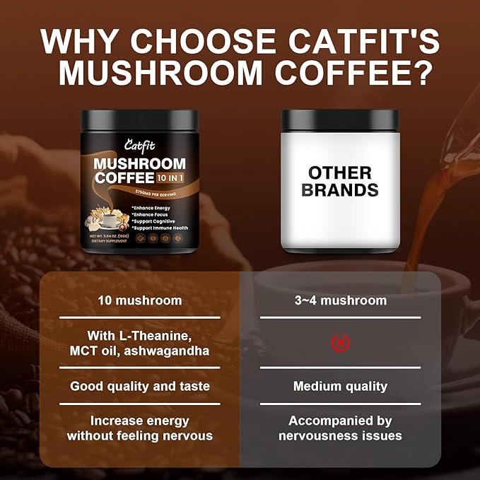 10 Mushroom Coffee Powder Mushroom Blend- Lion's Mane Chaga Cordyceps Brain Supplements with Arabica Coffee Ashwagandha L-Theanine for Energy Focus Memory and Immunity 5.65 Fl Oz