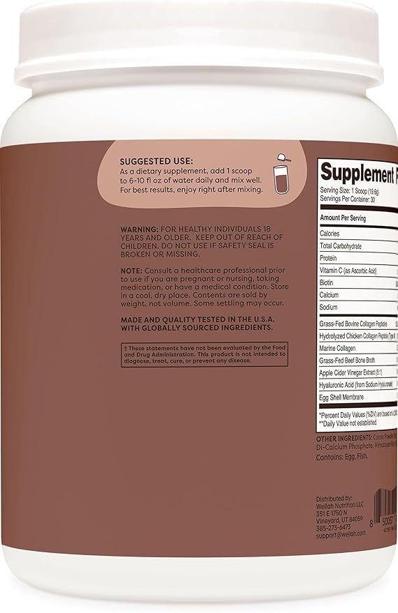 Wellah The Afterglow Multi Collagen Protein + Beauty (30 Servings Chocolate) - Hair Skin Nail &amp Joint Support - Non-GMO &amp Gluten Free