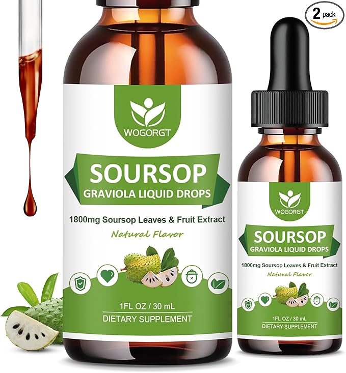 (2 Pack) Soursop Graviola Liquid Drops - 1800mg Soursop Extract - High Absorption Sour sop Bitters Liquid for Cell Support &amp Regeneration Immune Support Antioxidant Relaxation Sugar Free - 1 F