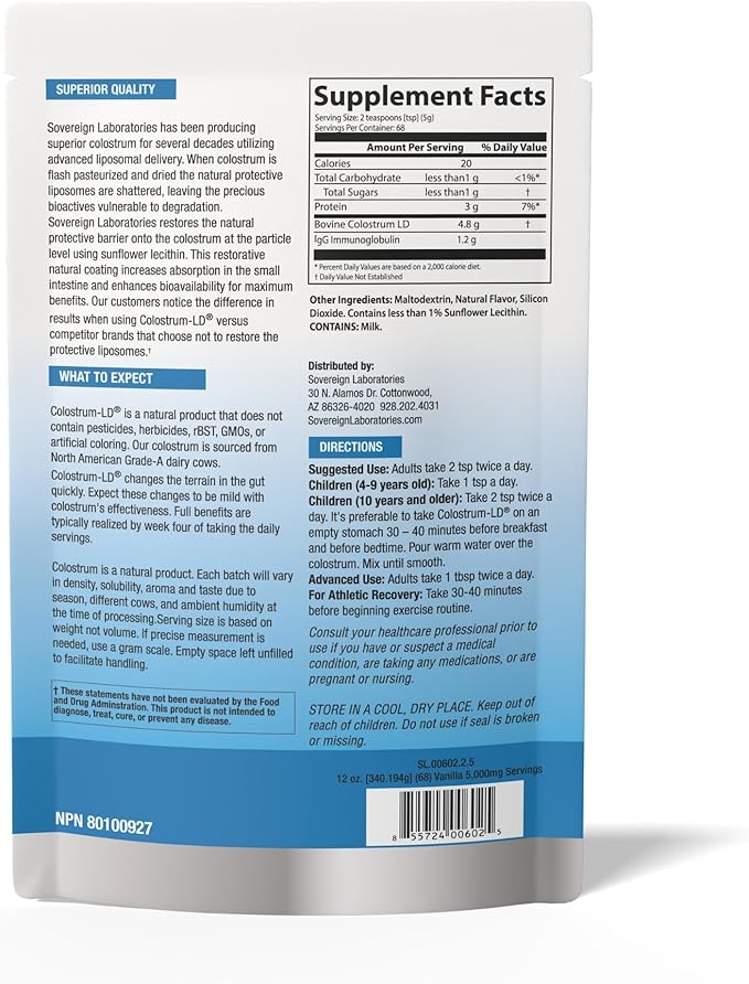 Colostrum-LD Liposomal Delivery - Colostrum Powder - Gluten-Free Lactose-Reduced - 68 Servings - Sovereign Laboratories - 12oz Vanilla