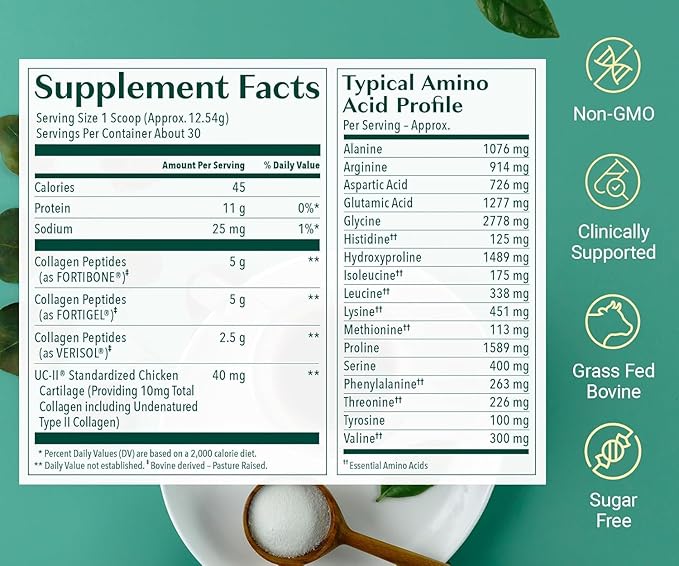 ALGAECAL Collagen: 4 Clinically-Supported Peptides VERISOL® FORTIGEL® UC-II® FORTIBONE® Anti-Aging Hydrolyzed Collagen Powder 30 Servings Made in USA