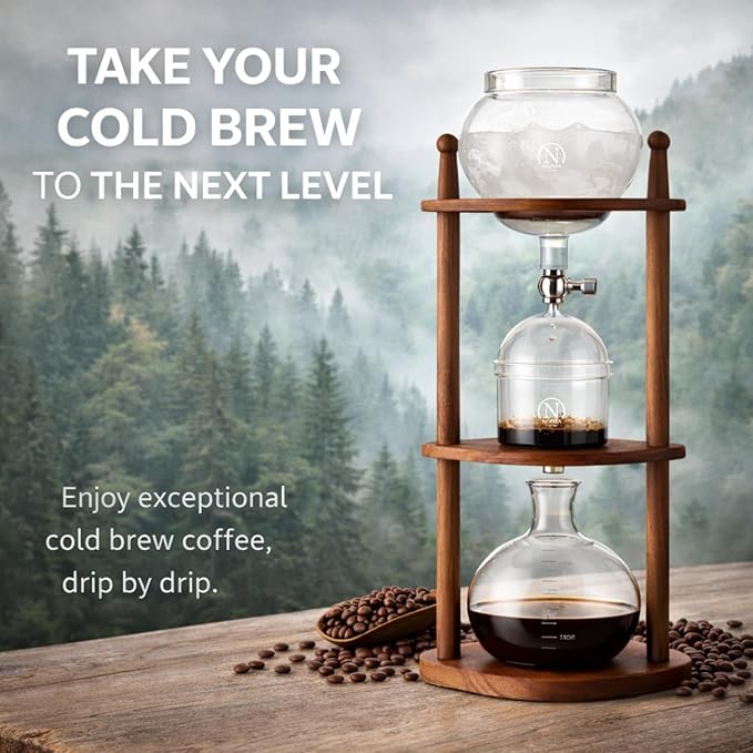 Nispira Cold Brew coffee Maker Ice Coffee Drip Machine with Advanced Slow Drip Technology Borosilicate Glass with Wood Tower 6-8 Cup Brown
