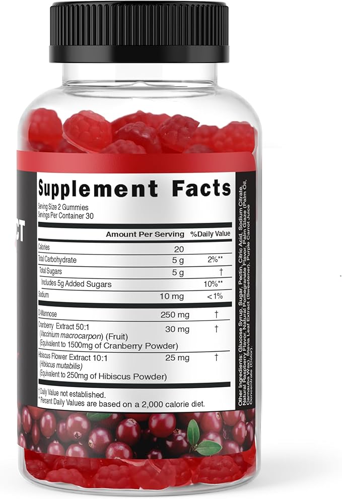 Potent Cranberry Gummies with D Mannose - Urinary Tract Health for Women &amp Men Urinary Flush &amp Bladder Fast-Acting Support Supplements with Hibiscus Powder 60 Count