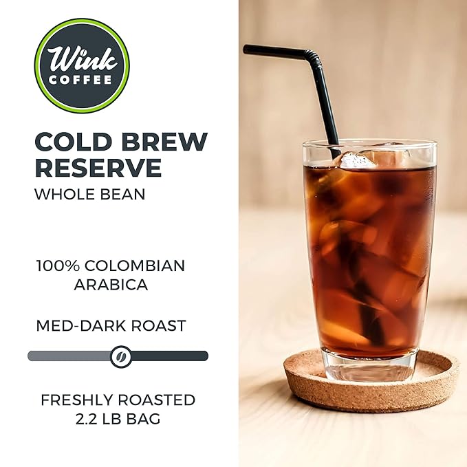 Wink Coffee Medium Dark Roast Large 2.2lb bag Low Acid Whole Bean Coffee 'Cold Brew Reserve' Single Origin Colombian Arabica Beans Smooth Sustainably Sourced