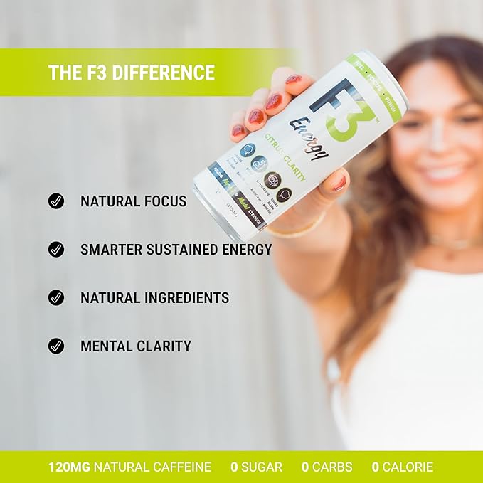F3 Energy Citrus Clarity Energy Drink - Muscle Building Sports Drinks w/BCAA Panax Ginseng &amp Ginkgo Biloba - Natural Energy Drinks for Mental Focus &amp Muscle Recovery 125 mg Caffeine (12 pack