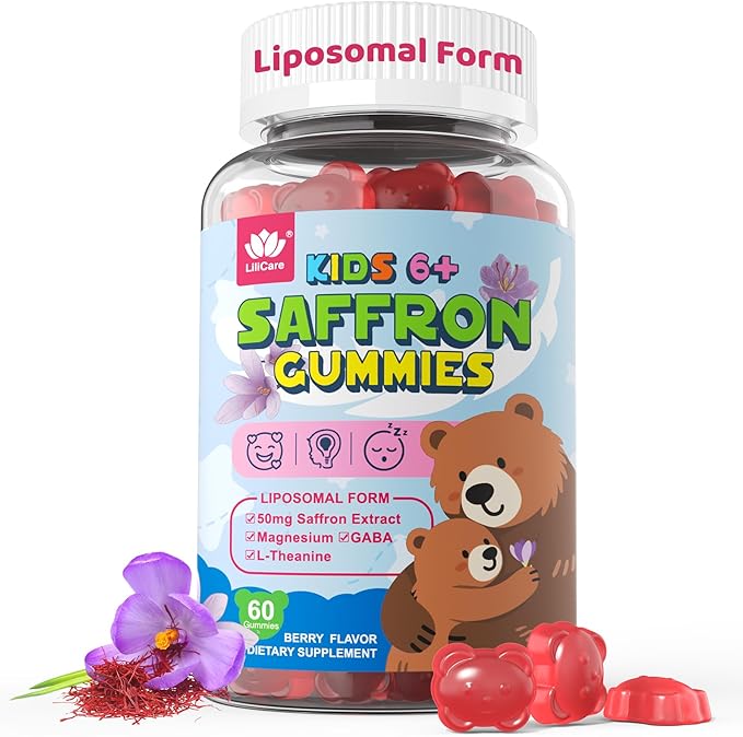 Sugar Free Saffron for Kids Teens &amp Adults Saffron Gummies Supplements for Kids Calm &amp Focus Gummies Saffron Extract with L-Theanine GABA &amp Magnesium Glycinate for Mood - No Melatonin