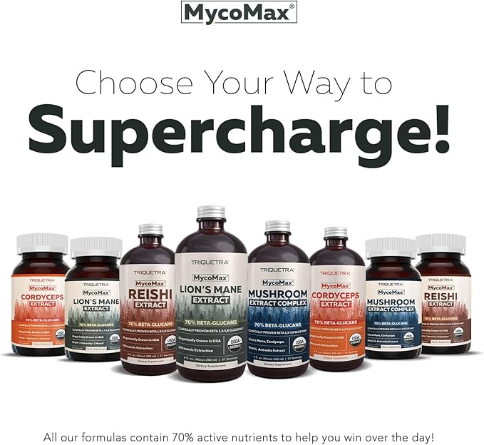 MycoMax Lions Mane Supplement - 70% Beta Glucans Max Potency Organic Lion’s Mane Extract US Grown + Ultrasonic Extraction - 500 mg serving - Supports Mental Clarity Focus and Memory - 60 Capsules
