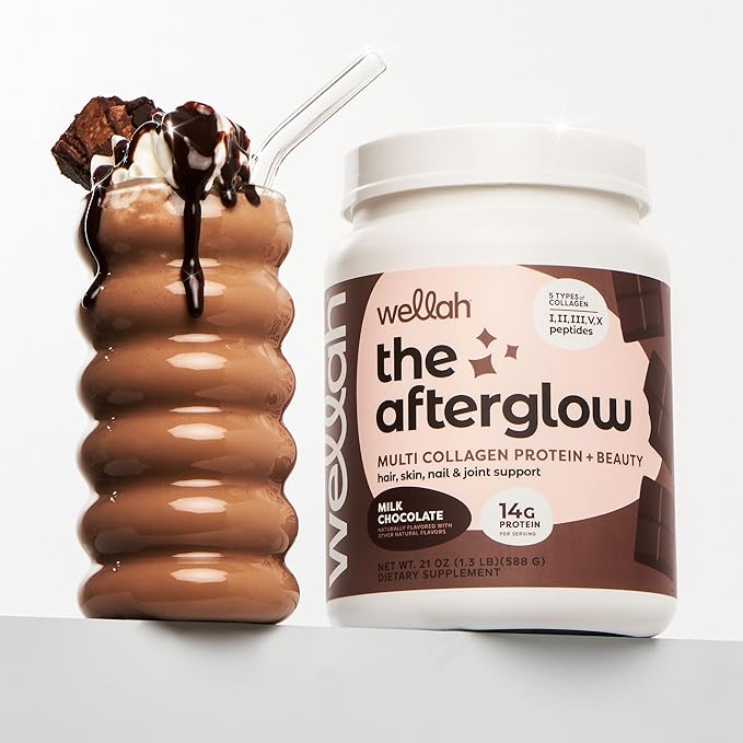 Wellah The Afterglow Multi Collagen Protein + Beauty (30 Servings Chocolate) - Hair Skin Nail &amp Joint Support - Non-GMO &amp Gluten Free