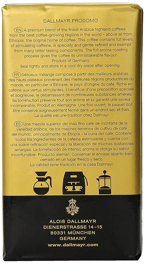 Gourmet Coffee byDallmayr Prodomo Finest Premium Ground Coffee Specially Refined 100% Arabica 8.8 Oz Vacuum Packs - Pack of 12