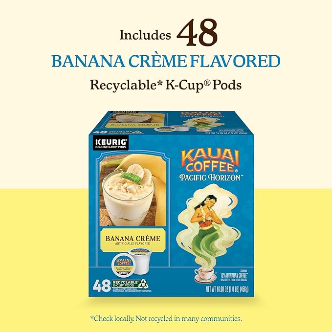 Kauai Coffee K-Cup Pods for Keurig Brewers – Arabica Coffee 10% Hawaiian – Medium Roast Banana Flavor with Creamy Vanilla – Banana Crème 1 Pack of 48 Single Serve K-Cups