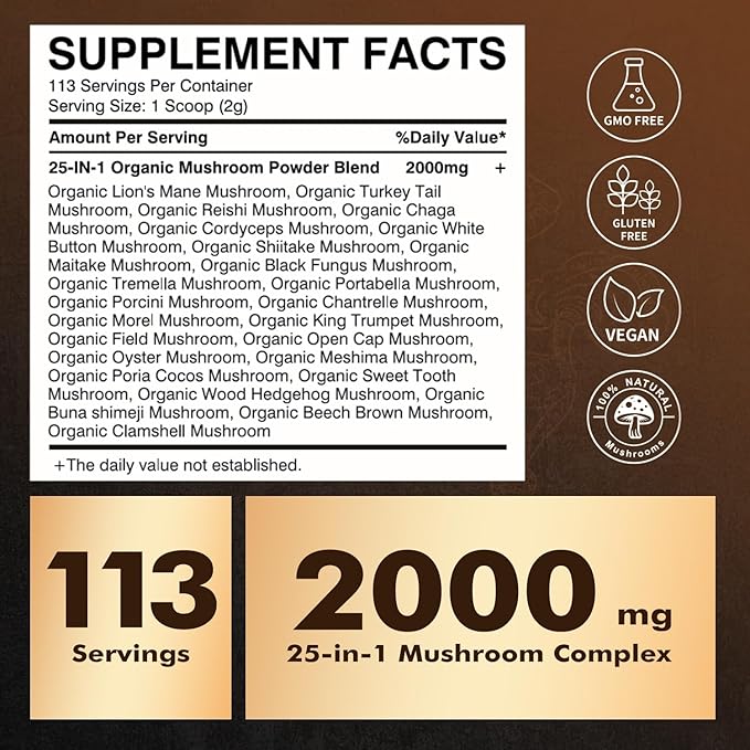 25-in-1 Mushroom Powder Mushroom Complex - Lions Mane Reishi Shiitake Chaga Turkey Tail Cordyceps Maitake &amp More Mushroom Supplement Powder for Energy Memory Focus &amp Immune Support 8