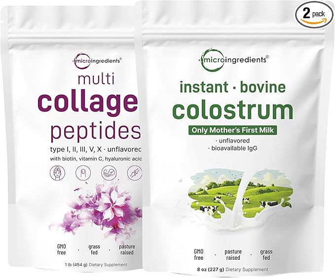 Micro Ingredients Multi Collagen Protein Powder 16oz &amp Instant Colostrum Powder Bundle 2 Pack | Grass-Fed Collagen Peptides | Premium Bovine Mother’s First Milk