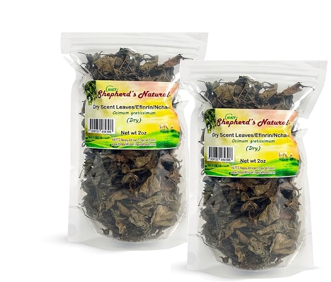 Scent Leaves (Efinrin/Nchanwu) – Dried (2 x 2oz) Bag African Seasoning by HATF's Shepherd's Natural. Perfect for soups stews and teas. Rich aroma traditional flavor! NON-GMO 100% ALL NATURAL.