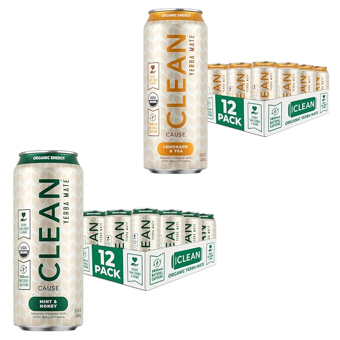 NEW! CLEAN Cause Lemonade &amp Tea and Mint &amp Honey USDA Organic Yerba Mate Tea (15.5oz cans 2-12-Pack Case) Non-Carbonated 160mg Caffeine
