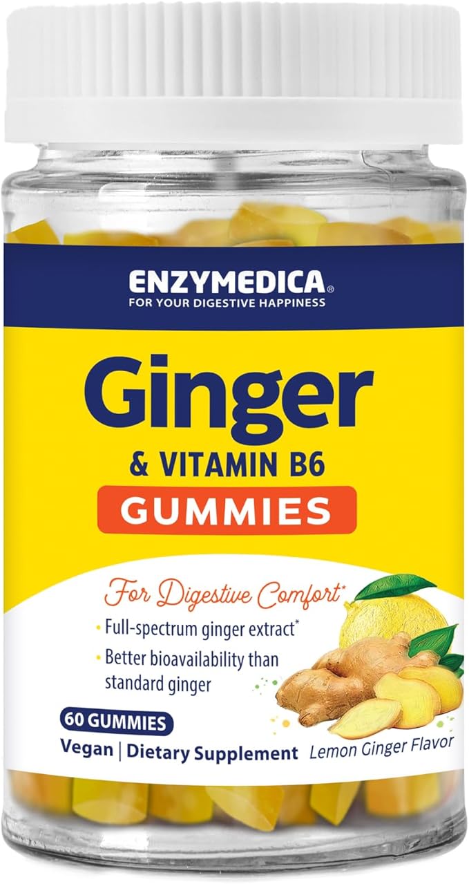Enzymedica Ginger &amp Vitamin B6 Gummies Support for Occasional Nausea &amp Indigestion High Potency Equivalent to 200 mg Ginger Extract 60 Count