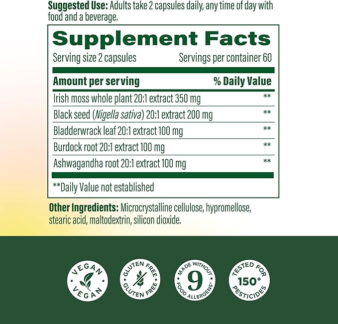 MegaFood Sea Moss Complex - Irish Sea Moss 7000mg Per Serving Plus Black Seed Oil Burdock Root Bladderwrack &amp Ashwagandha - Vegan Gut Health &amp Immune Support Supplement 120 Capsules 60 Ser
