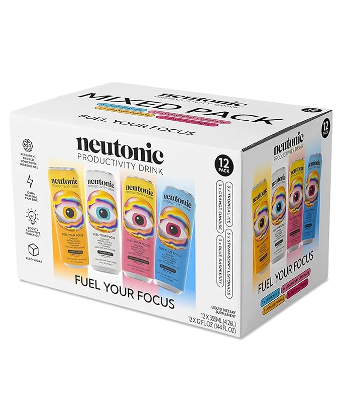 Neutonic Nootropic Productivity Energy Drink | Variety Pack 12 Cans | 120mg Natural Caffeine Zero Sugar | Support Memory Mental Clarity Cognitive Function | Boost Focus Energy Brain Health
