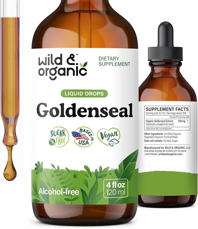 Wild &amp Organic Goldenseal Tincture - Lung &amp Digestive Support - Goldenseal Root Extract Liquid Drops - Vegan Sugar &amp Alcohol-Free Herb Supplement - 4 fl oz