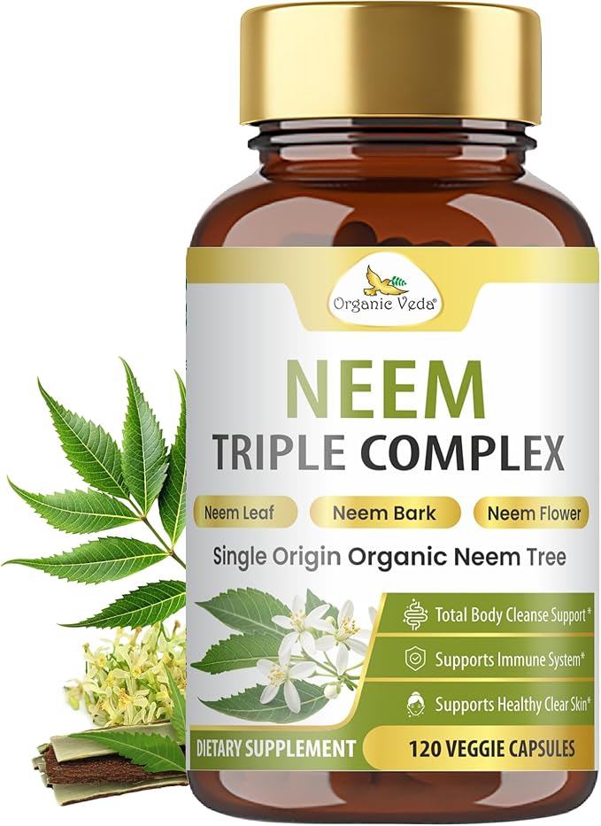 Organic Veda Neem Capsules Triple Complex Neem Leaf Bark &amp Flower Extracts - Herbal Supplement for Acne Cleanse &amp Clear Skin Health - Boost Immune Gut Health for Women &amp Men - 120 Vegan