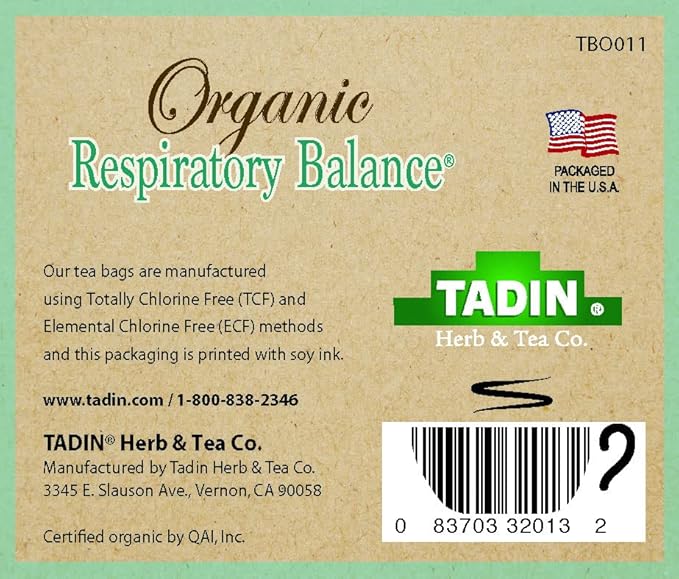 Tadin Organic Respiratory Tea Caffeine Free Herbal Tea for Respiratory Support 20 Tea Bags Per Box Pack of 6