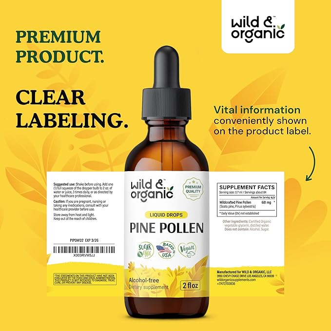Wild &amp Organic Pine Pollen Tincture - Pine Pollen Extract Drops for Men &amp Women - Add to Tea &amp Drink - Pure Pinus Sylvestris Extract - Vegan Sugar &amp Alcohol-Free Liquid Supplement - 2
