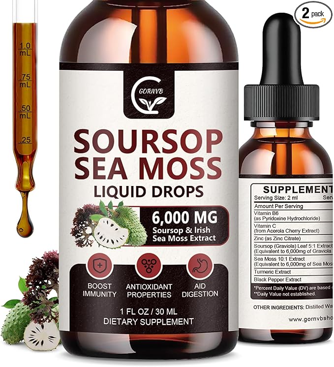 (2 Pack) Soursop Graviola Liquid Drop Soursop Bitters Multivitamin Liquid with Sea Moss &amp Turmeric 98% Absorption for Cell Support &amp Regeneration Immune Boost and Liver 1 Fl Oz
