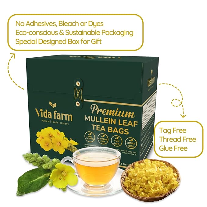 VIDA FARM Mullein Leaf Tea Bags 125 Tea Bags 100% Natural Mullein Leaves Tea Dried Herbal Tea Bags No Additives Caffeine Free Sugar Free