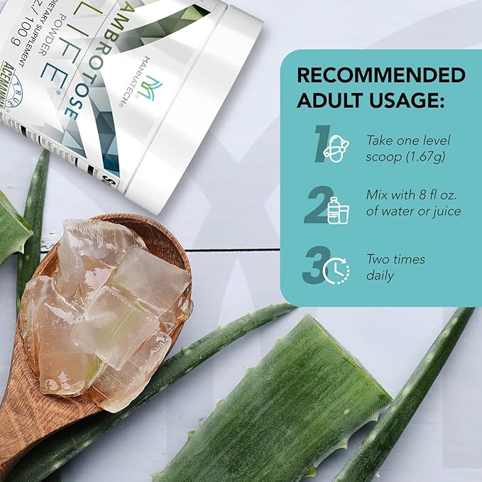 Immune Support Supplement Mannatech Ambrotose Life (Powder) 100g Supports Cell-to-Cell Communication and a Healthy Immune Defense with Manapol Powder Pure 100% Natural Aloe Vera Supplement