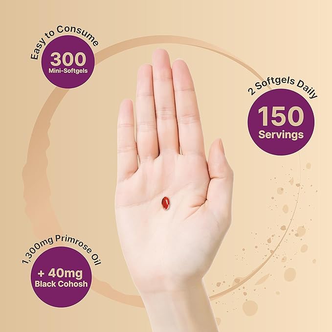 NatureBell Evening Primrose Oil with Black Cohosh 1300mg Per Serving 300 Mini-Softgels | Cold Pressed Seeds Retains 130mg GLA for Womens Health &amp Skin Care Support – Hexane Free Non-GMO