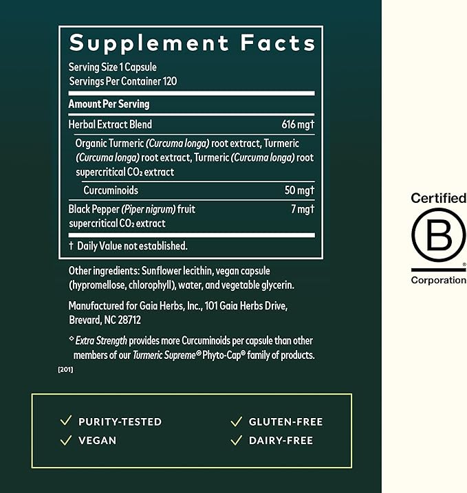 Gaia Herbs Turmeric Supreme Extra Strength - Supports Occasional Discomfort from Normal Wear &amp Tear* - with Turmeric Curcumin &amp Black Pepper - 120 Vegan Liquid Phyto-Caps (Up to 120 Servings)