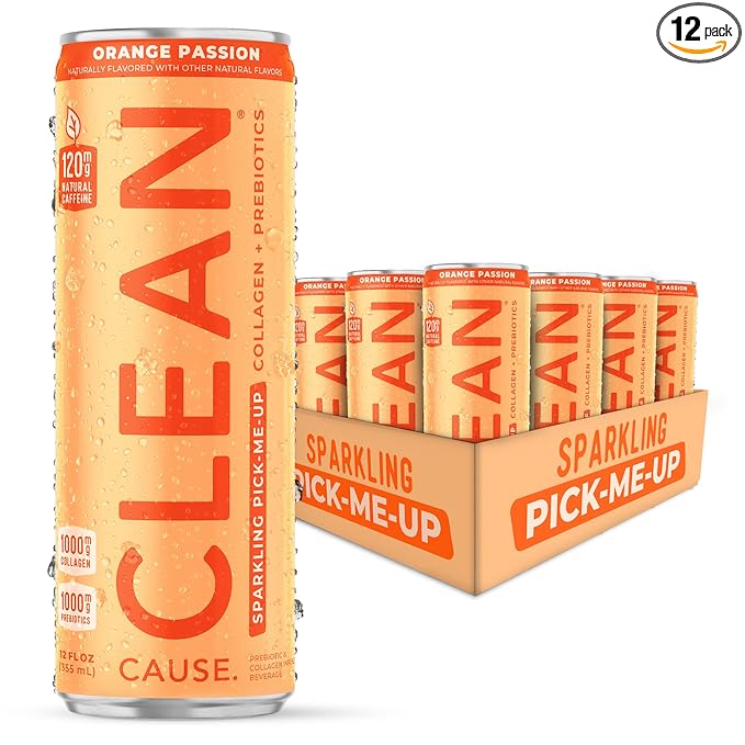 CLEAN Cause Orange Passion Sparkling Pick-Me-Up with Prebiotics &amp Collagen Peptides (12oz cans 12-Pack Case) Low Sugar 120mg Caffeine Healthy Alternative to Soda &amp Energy Drinks.